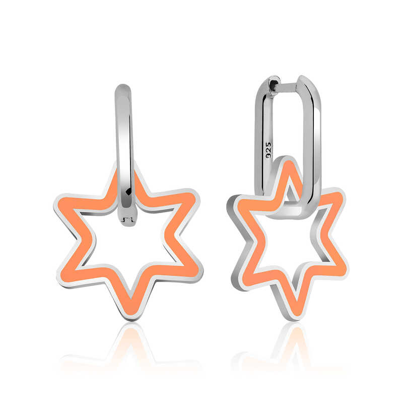 Silver Fluorescent Orange Star Earrings