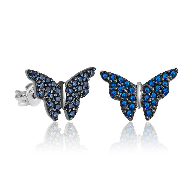 Silver Navy Blue Butterfly Earrings