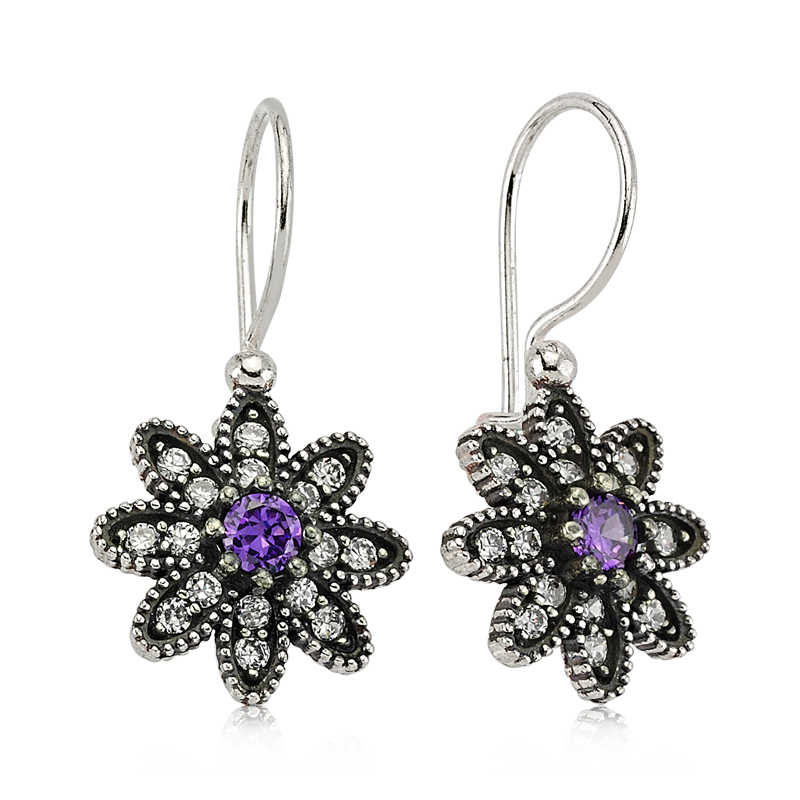 Silver Purple Stone Flower Earrings