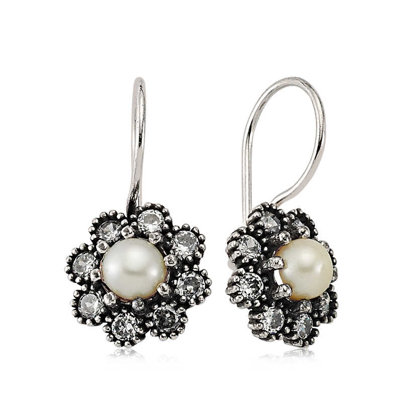 Silver Flower Pearl Earrings