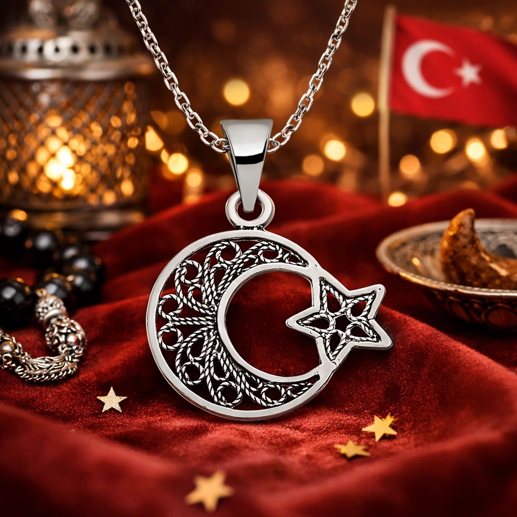 Gümüş Ay Yıldız Telkari Bayan Kolye