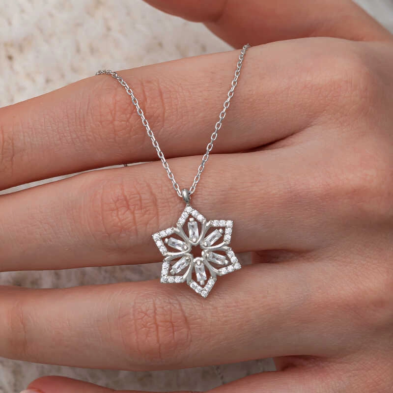 Silver Baguette Stone Flower Women’s Necklace