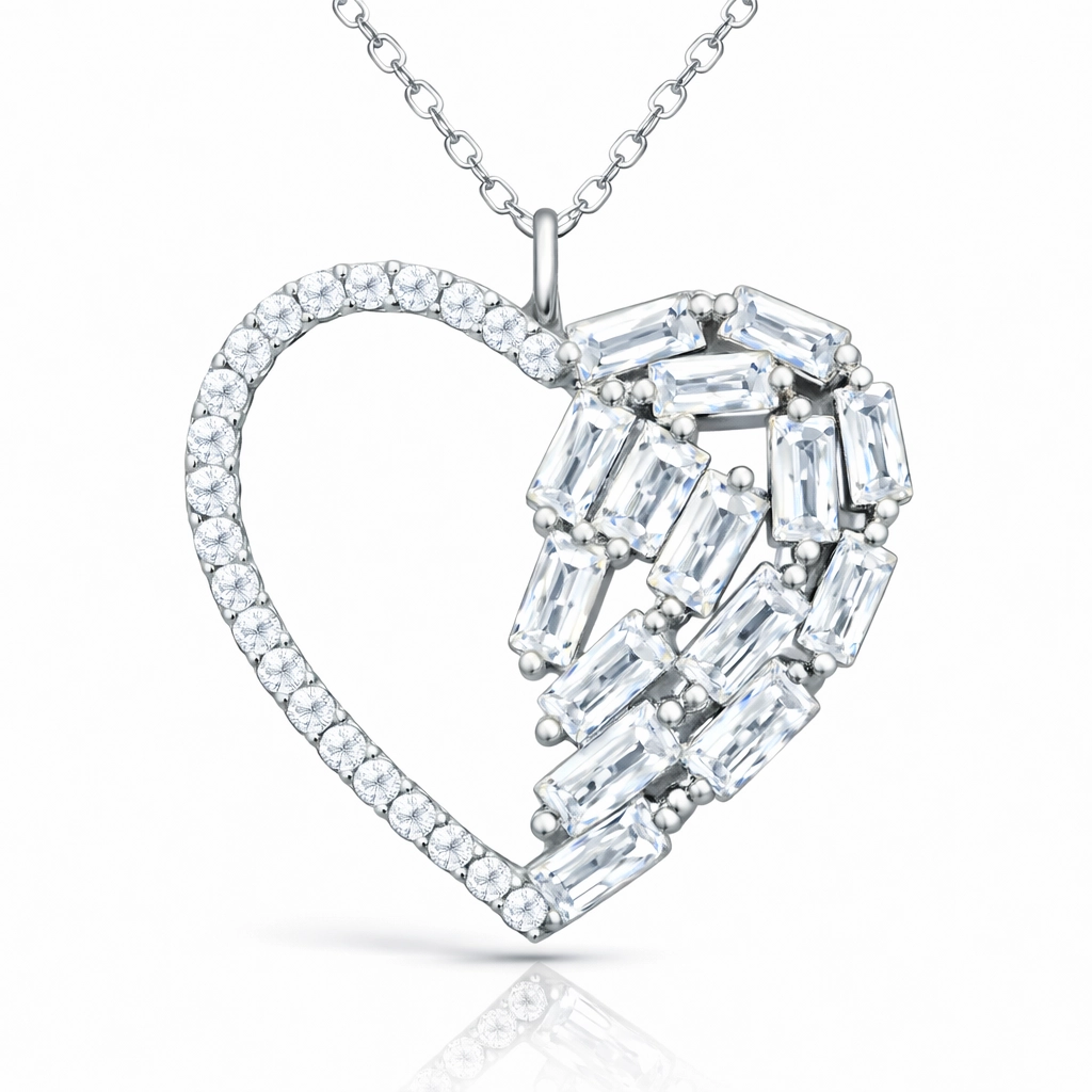 Silver Baguette Stone-set Heart Women's Necklace