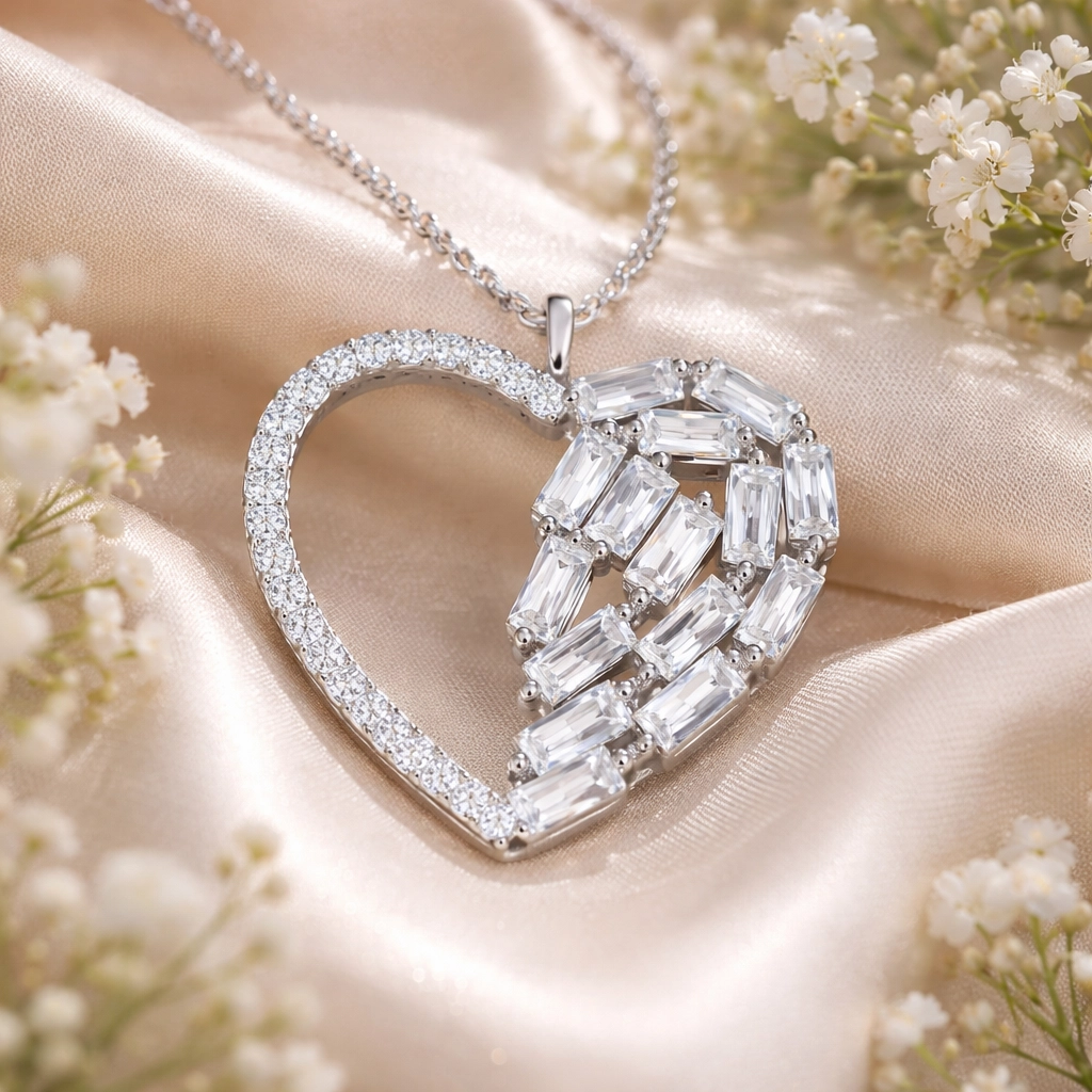 Silver Baguette Stone Heart Women’s Necklace
