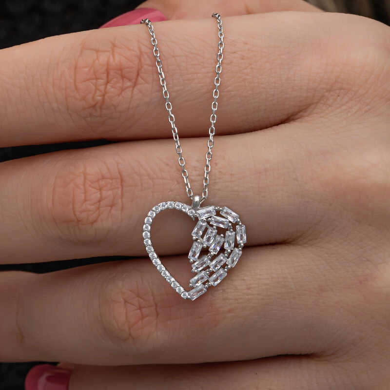 Silver Baguette Stone Heart Women’s Necklace