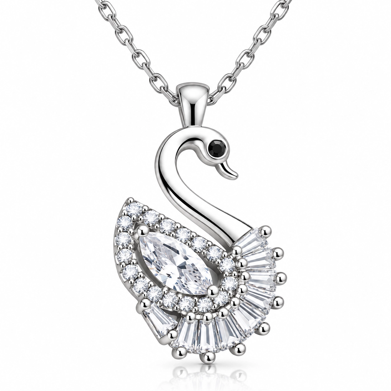 925 Sterling Silver Swan Necklace with White CZ