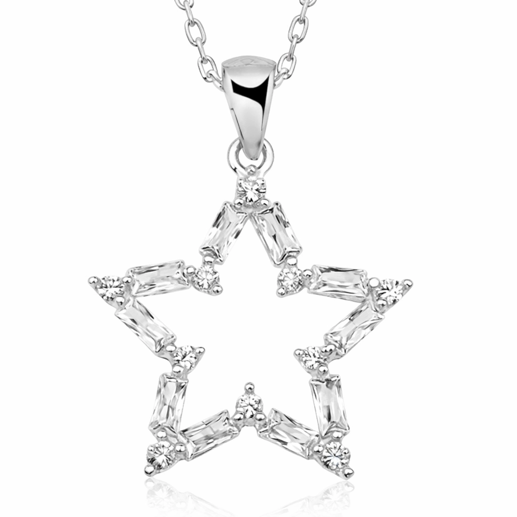 Silver Baguette Stone Star Necklace