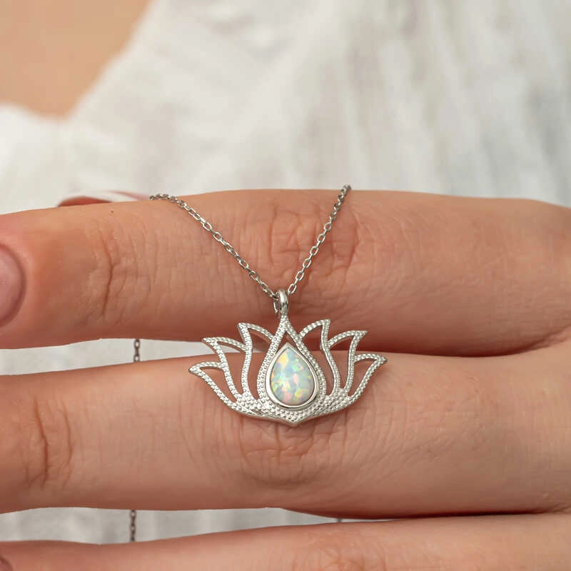 Silver White Opal Stone Lotus Women’s Necklace
