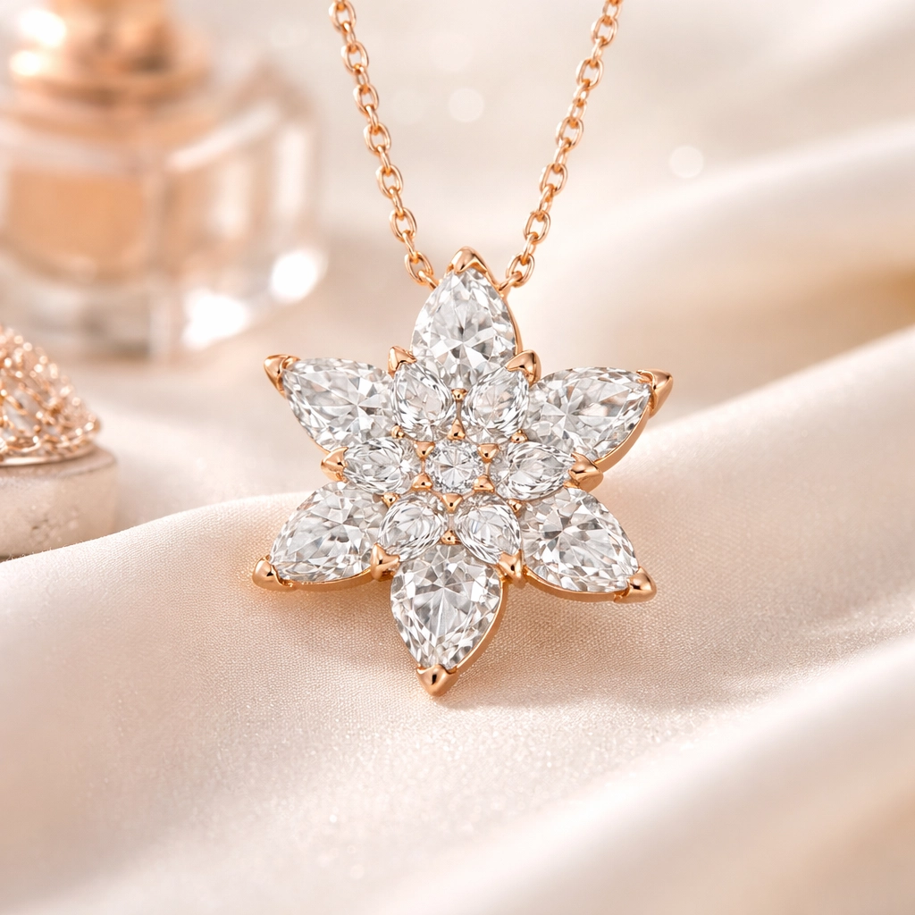 Silver Rose White Lotus Flower Necklace
