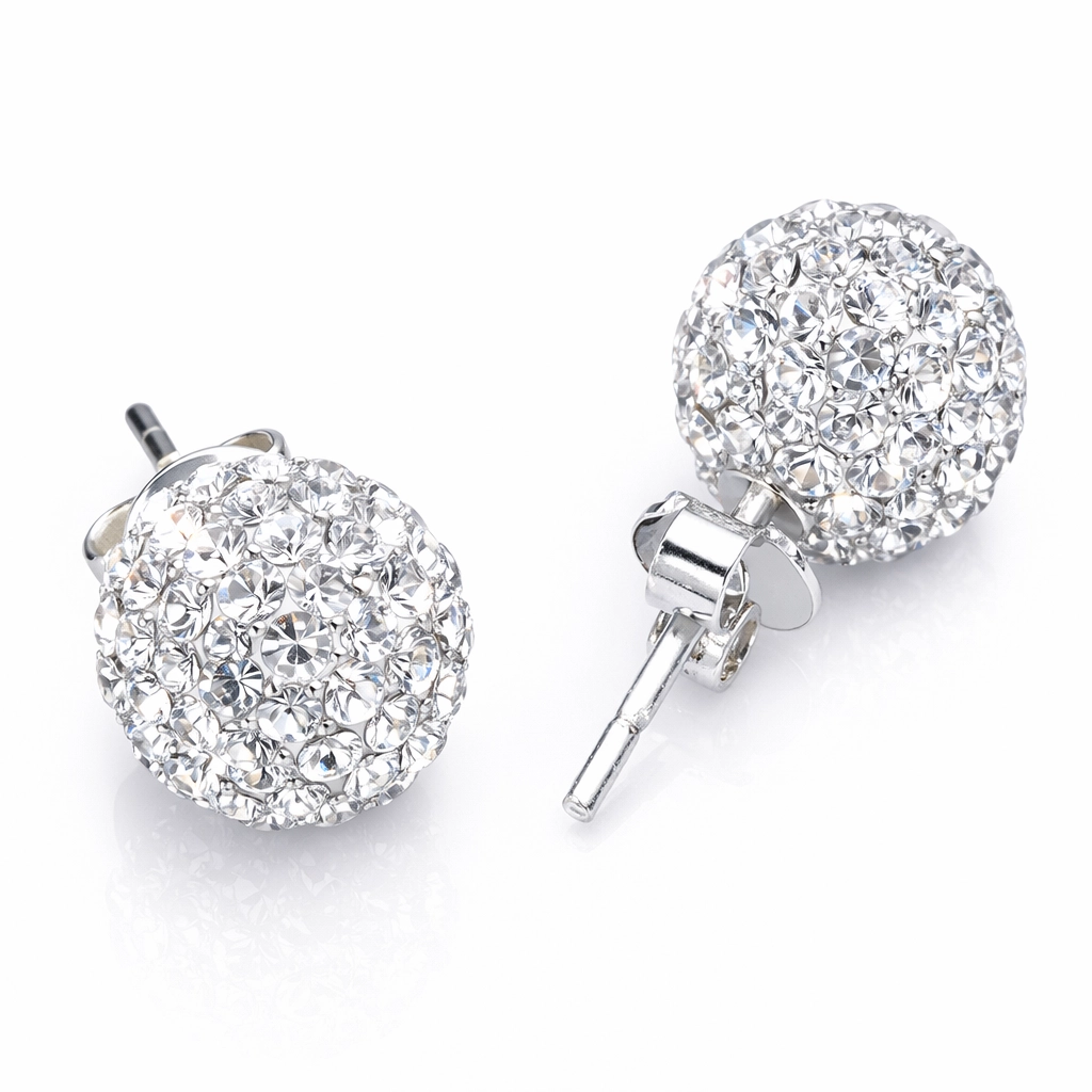 Silver White Stone Ball Stud Earrings