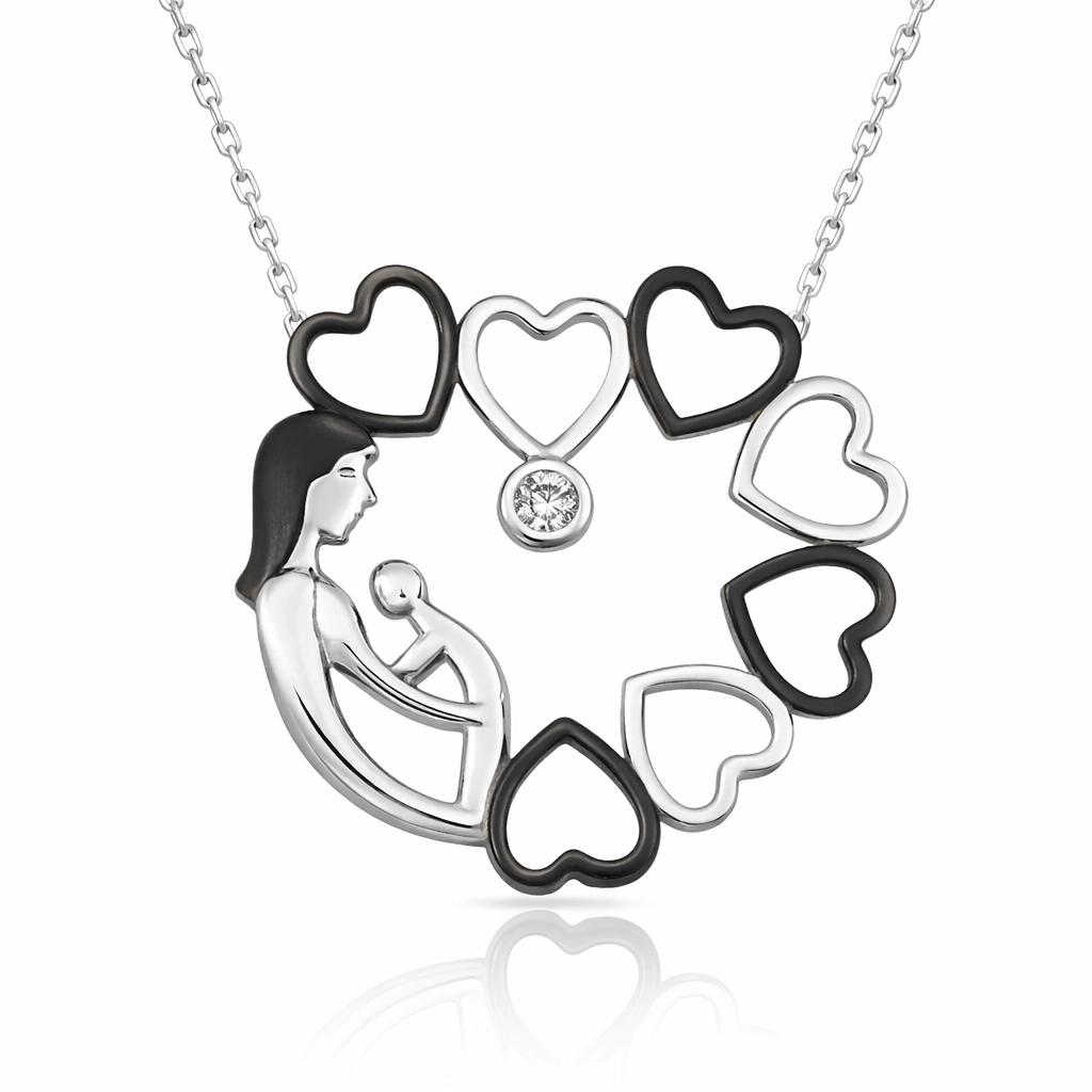 Silver Heart Circle Mother Child Women’s Necklace