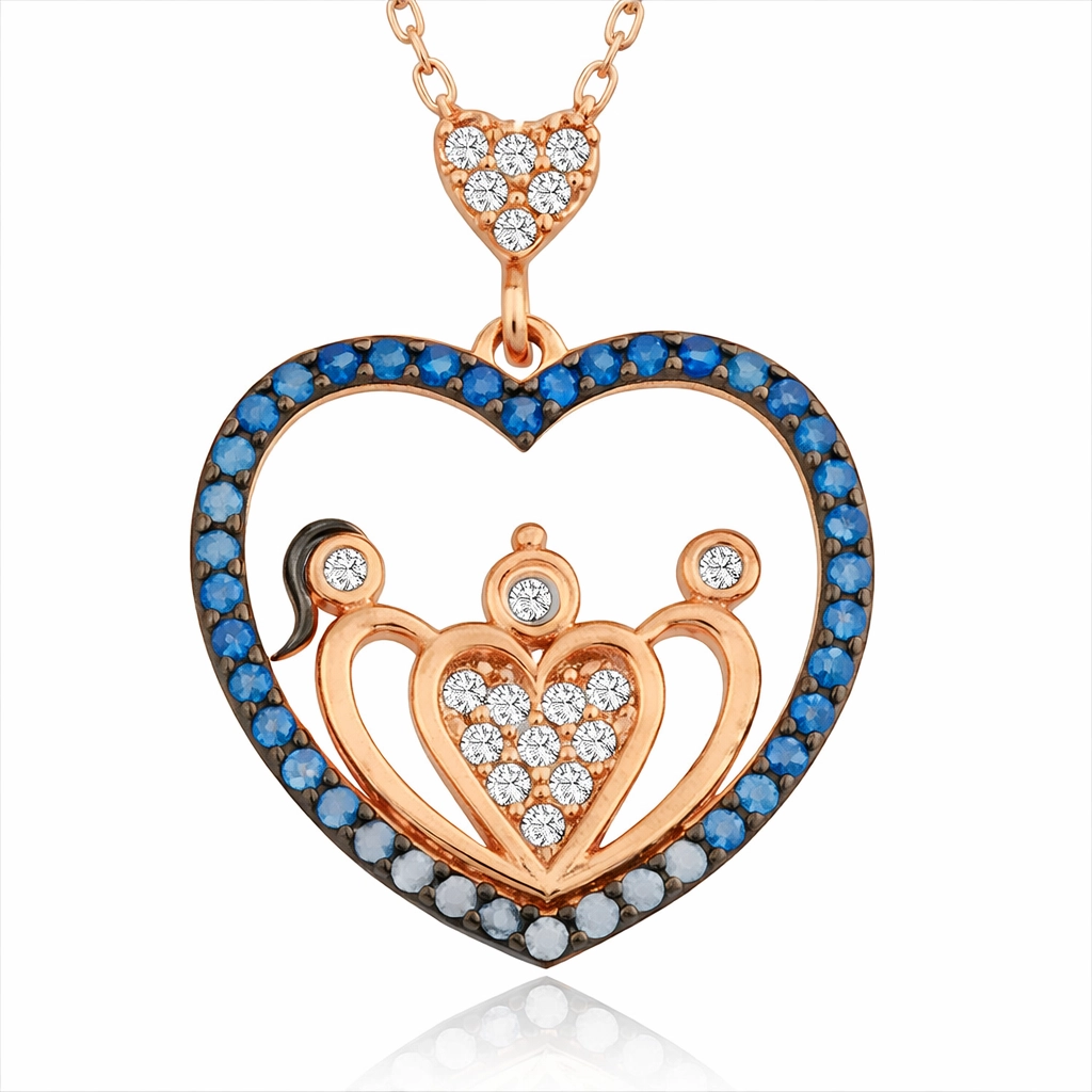 Silver Rose Heart Family Necklace for Women