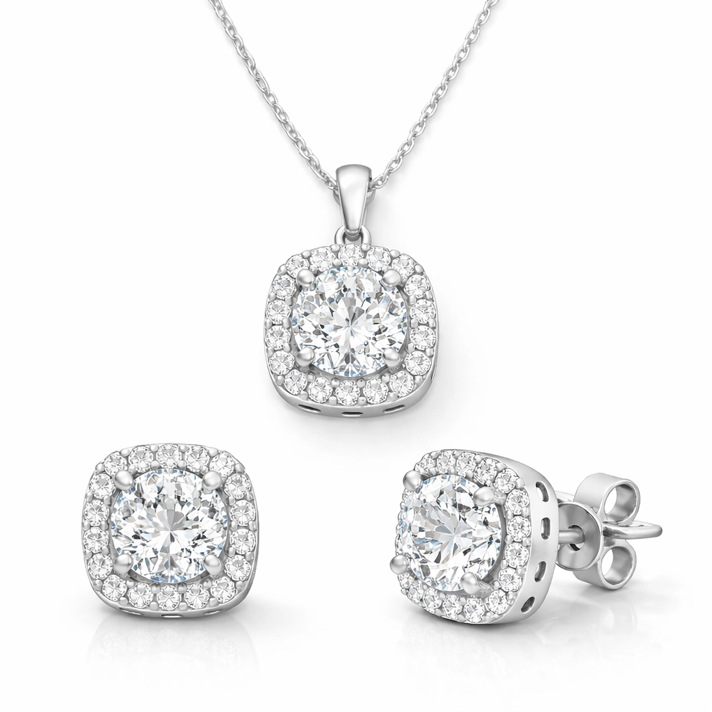 Silver Square Mount Solitaire Women’s Set