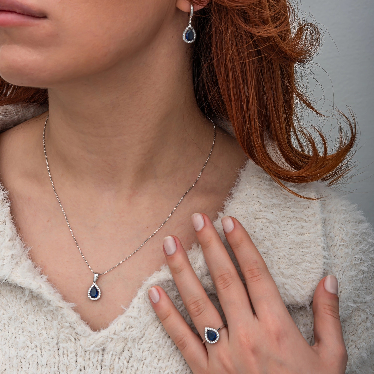 Silver 925 Blue CZ Stone Teardrop Set