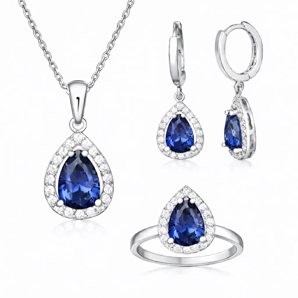 Silver 925 Blue CZ Stone Teardrop Set