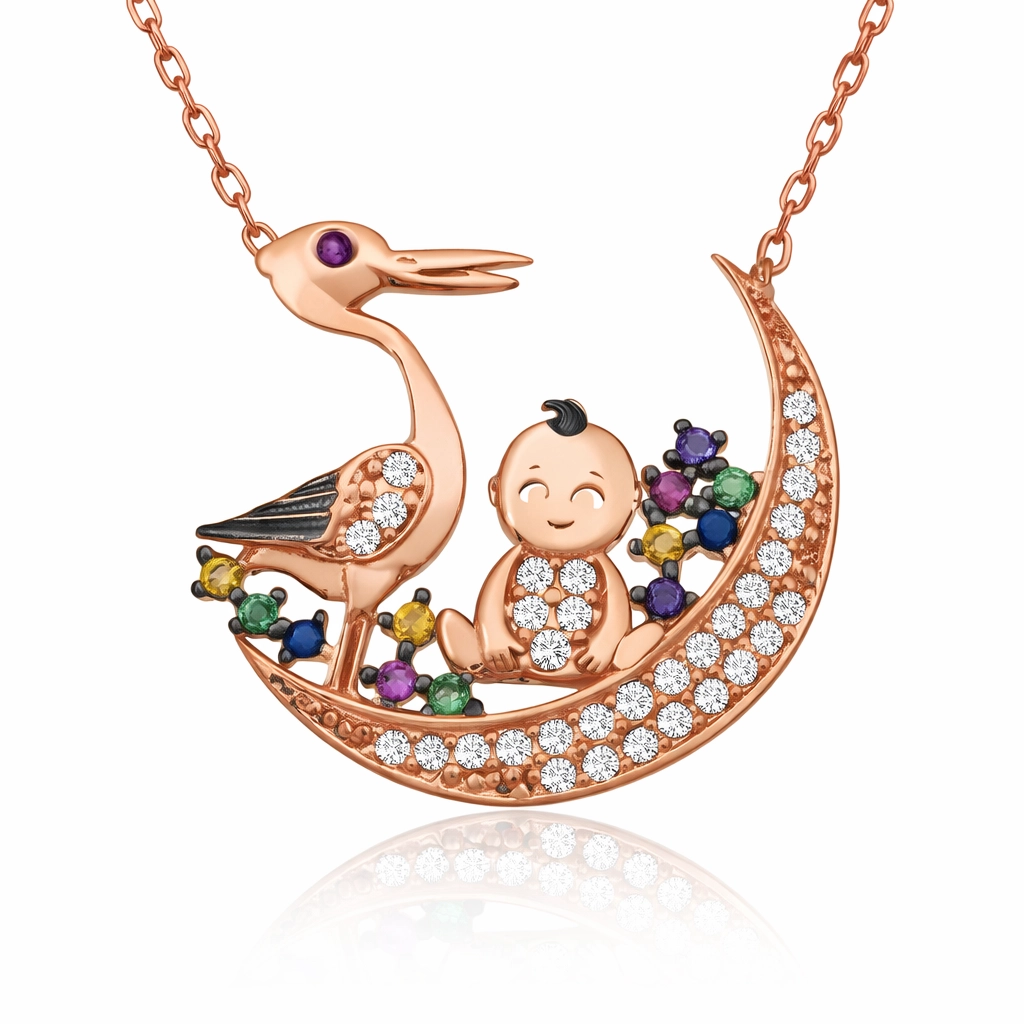 Silver Stork and Baby Necklace for Women