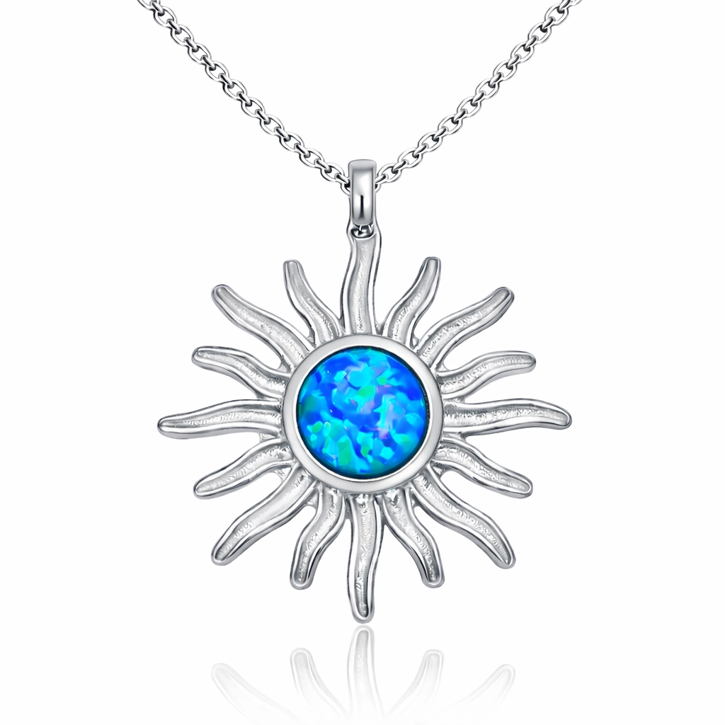 Silver Blue Opal Stone Sun Women’s Necklace