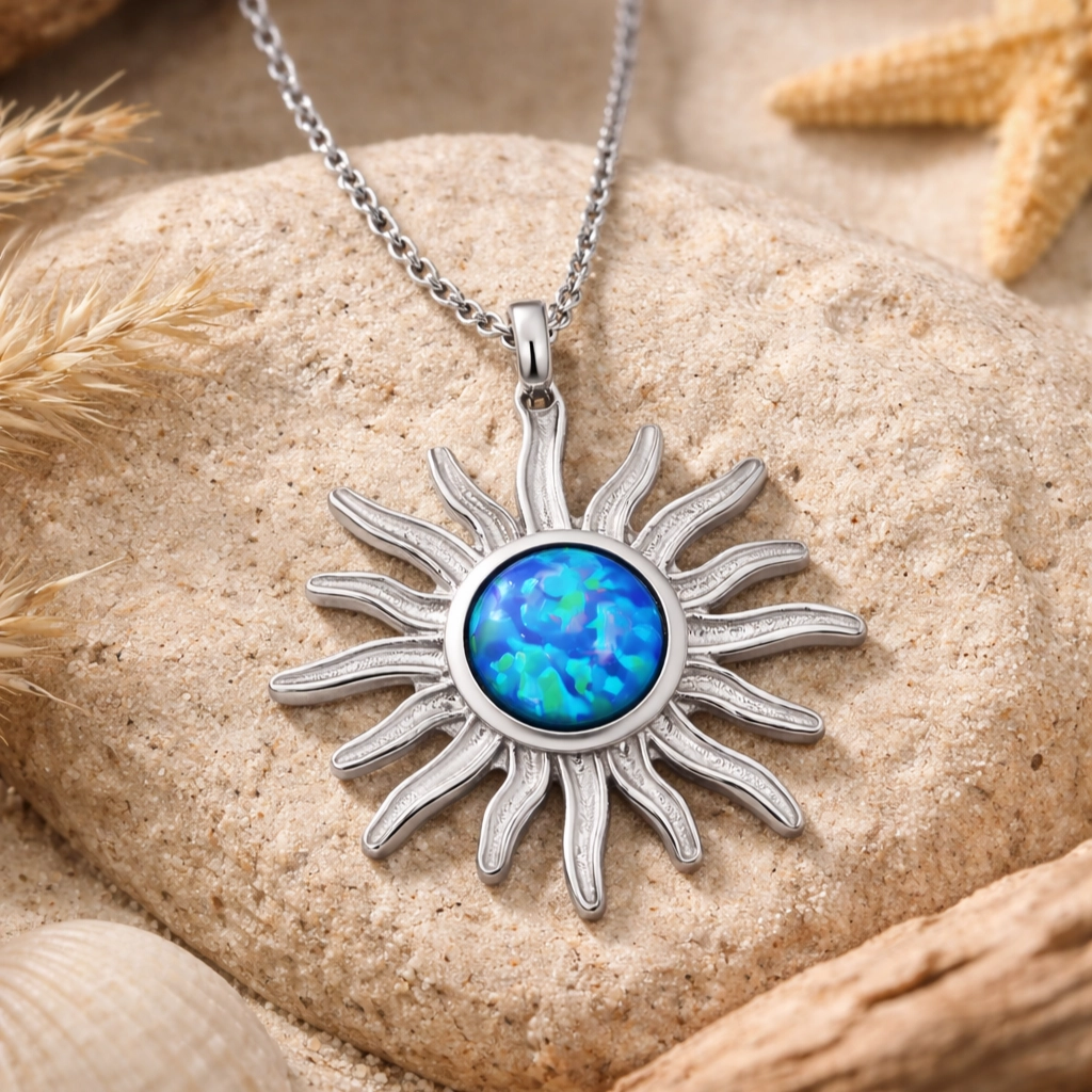 Silver Blue Opal Stone Sun Women’s Necklace