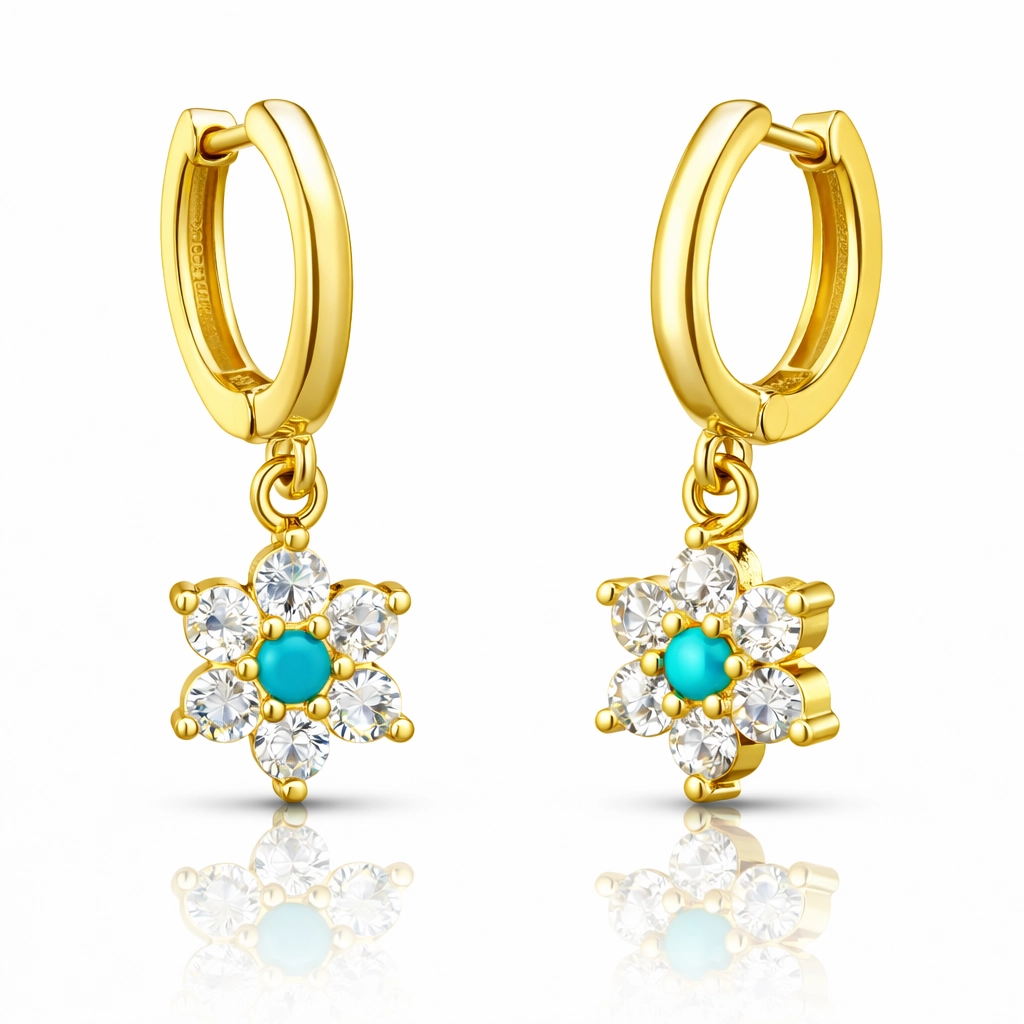Silver Blue Stone Gold Flower Women’s Earrings