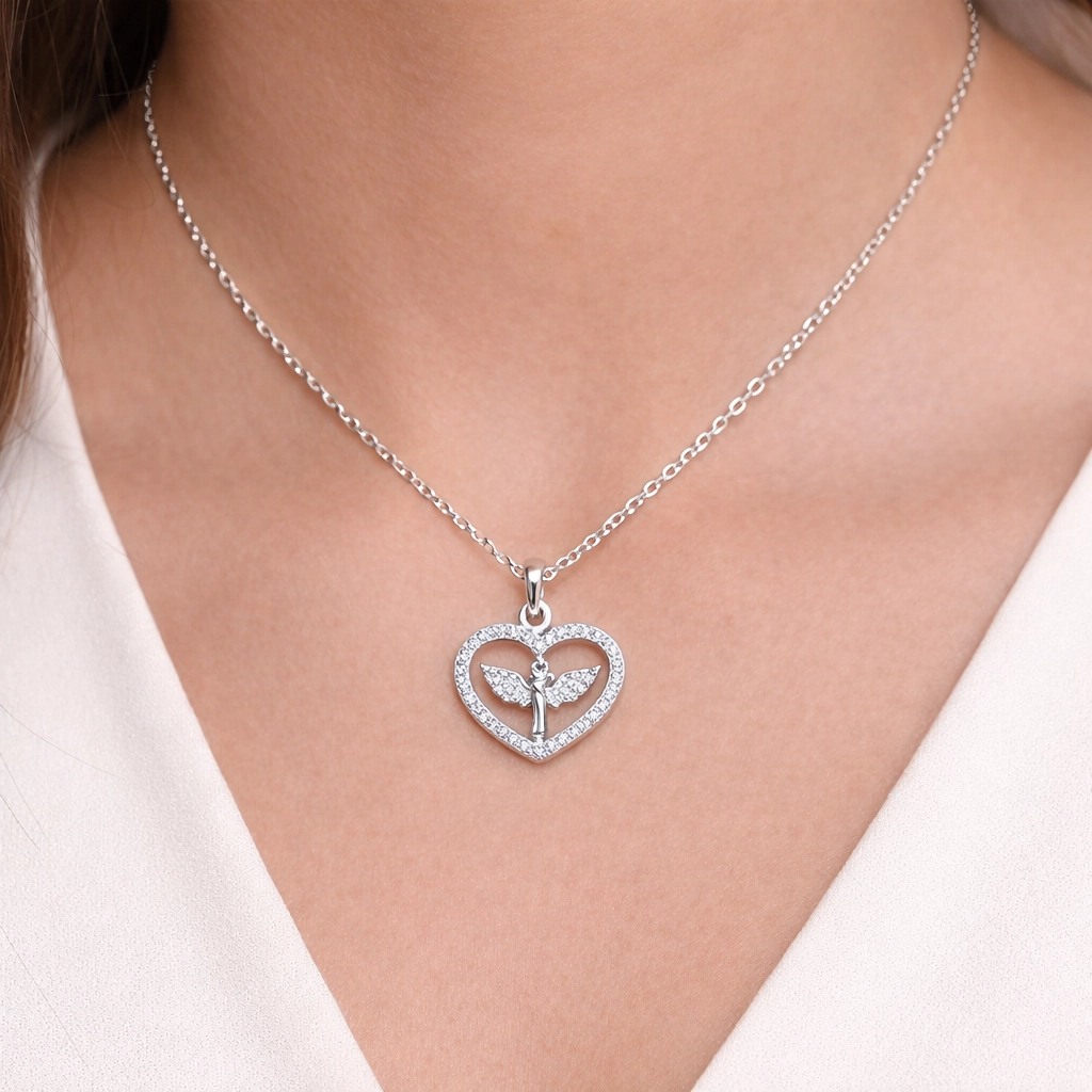 Rhodium Plated Silver 925 Angel Heart Necklace