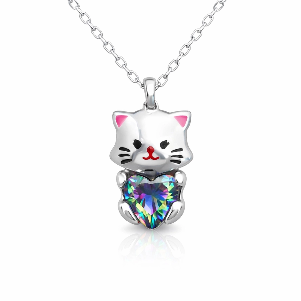 Cute Cat Necklace with Mystic Topaz Stone in Silver