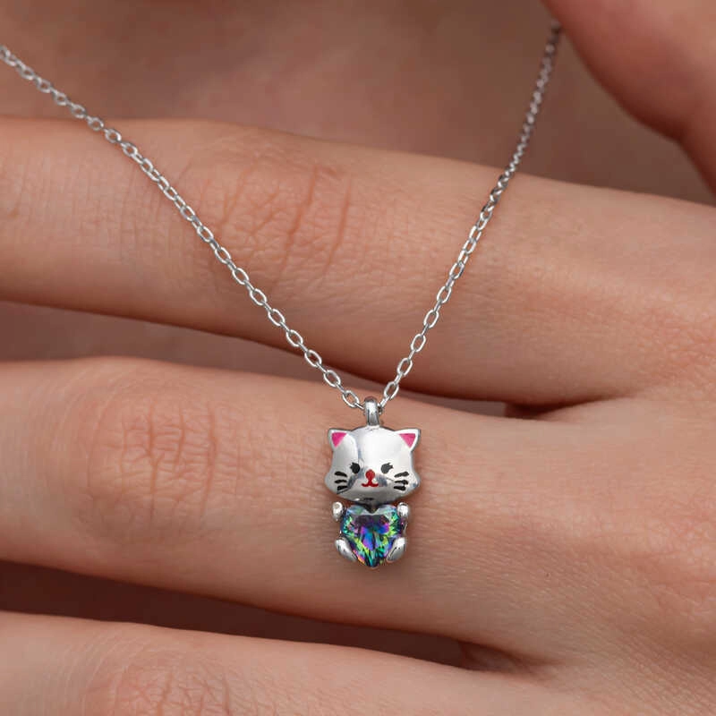 Cute Cat Necklace with Mystic Topaz Stone in Silver