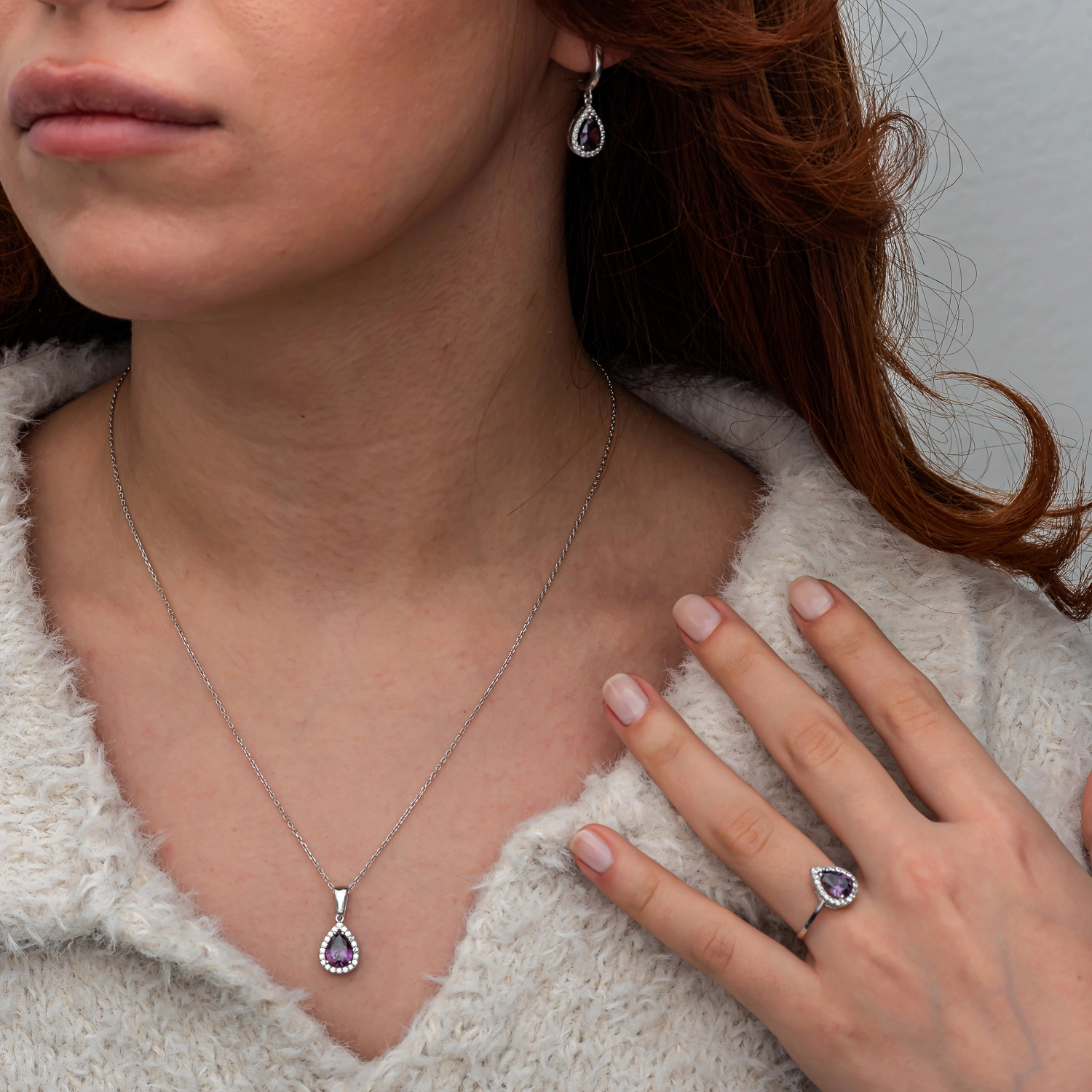 Silver 925 Purple CZ Stone Teardrop Set