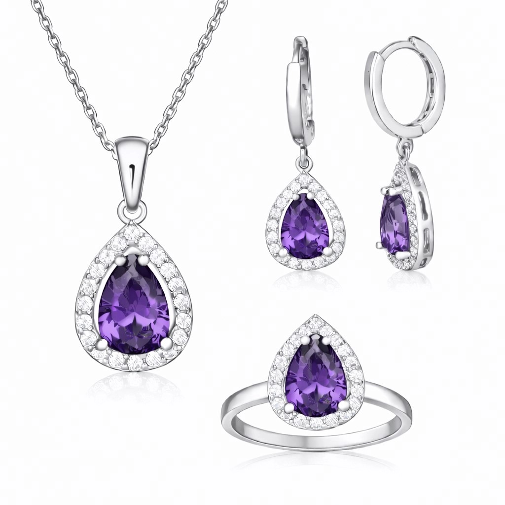 Silver 925 Purple CZ Stone Teardrop Set