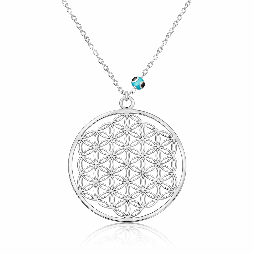 Silver Evil Eye Flower of Life Necklace