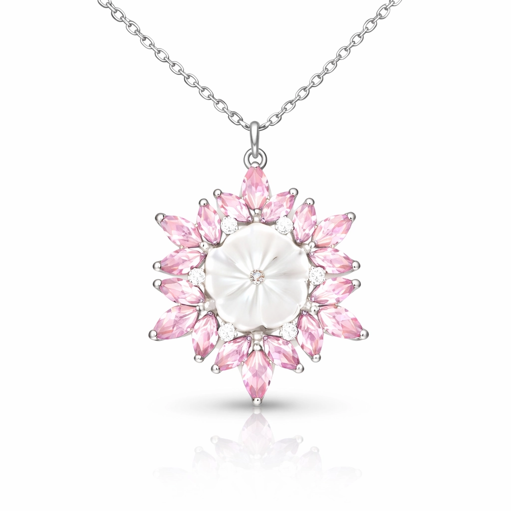 Silver Pink Lotus Patterned Flower Women’s Necklace