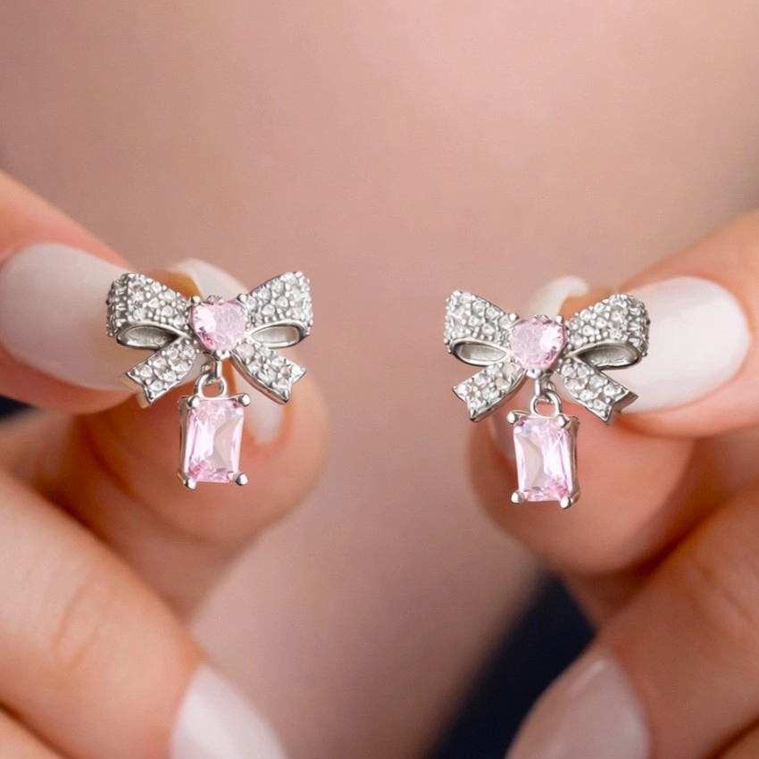925 Sterling Silver Pink Stone Bow Earrings with CZ