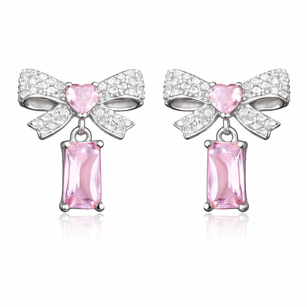 925 Sterling Silver Pink Stone Bow Earrings with CZ