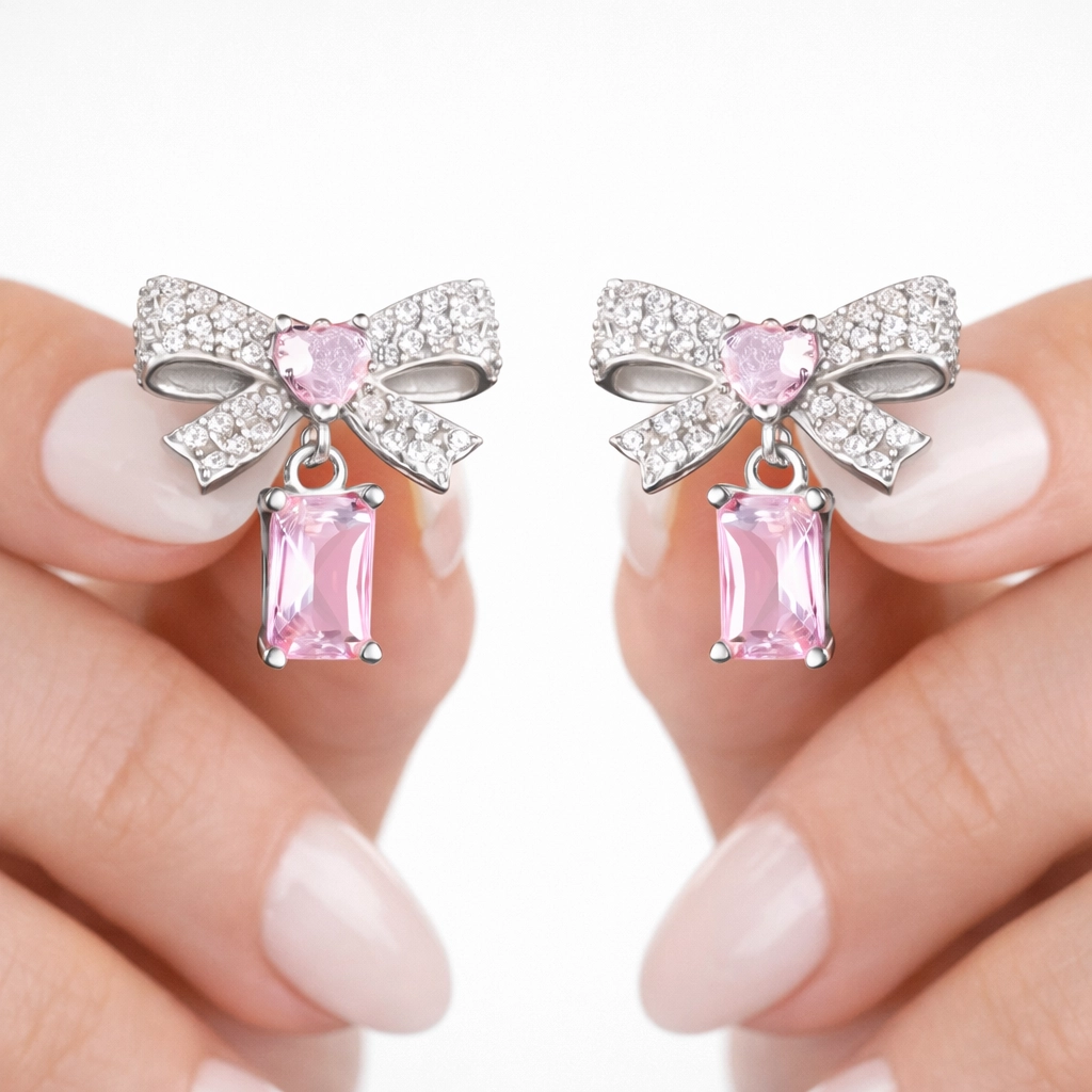 925 Sterling Silver Pink Stone Bow Earrings with CZ