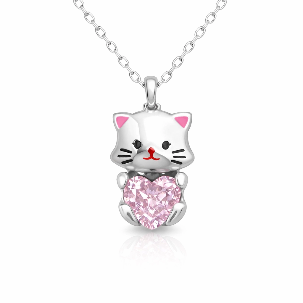 Cute Cat Woman Necklace with Pink Stones in Silver