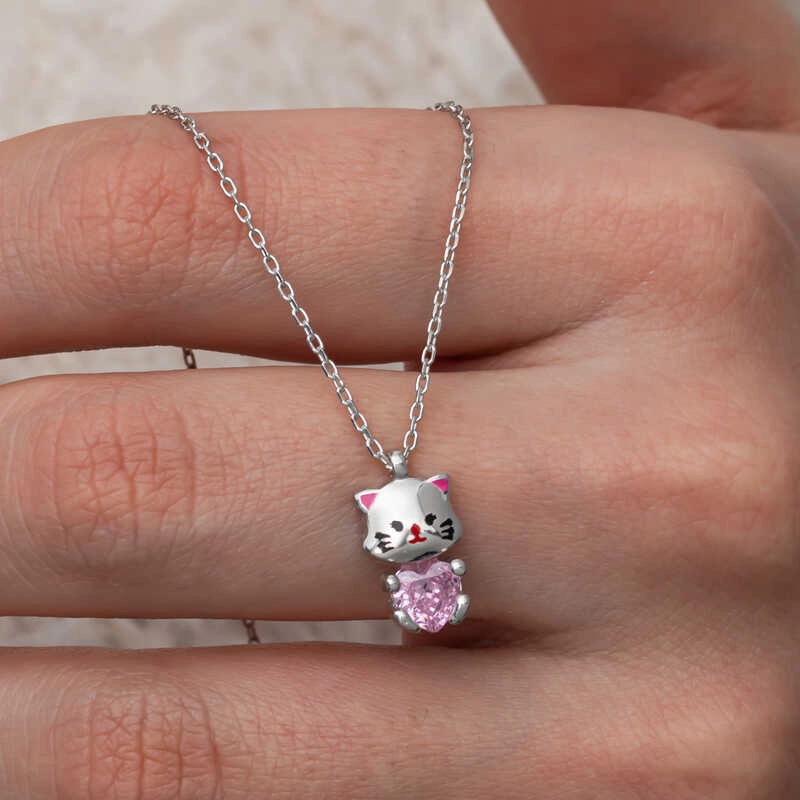 Cute Cat Woman Necklace with Pink Stones in Silver