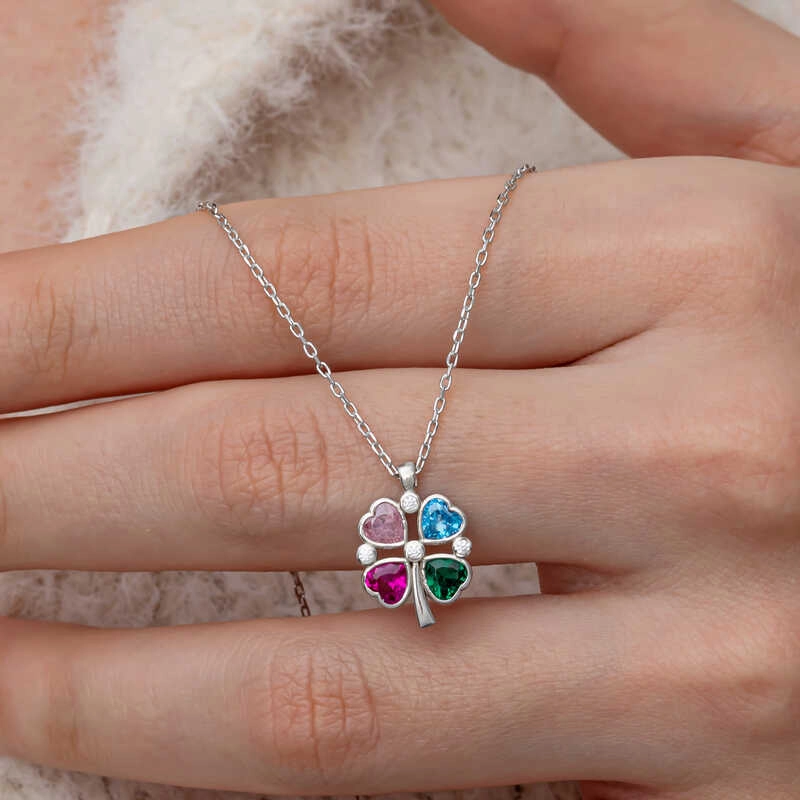 Silver Color Stone Heart Figured Clover Necklace