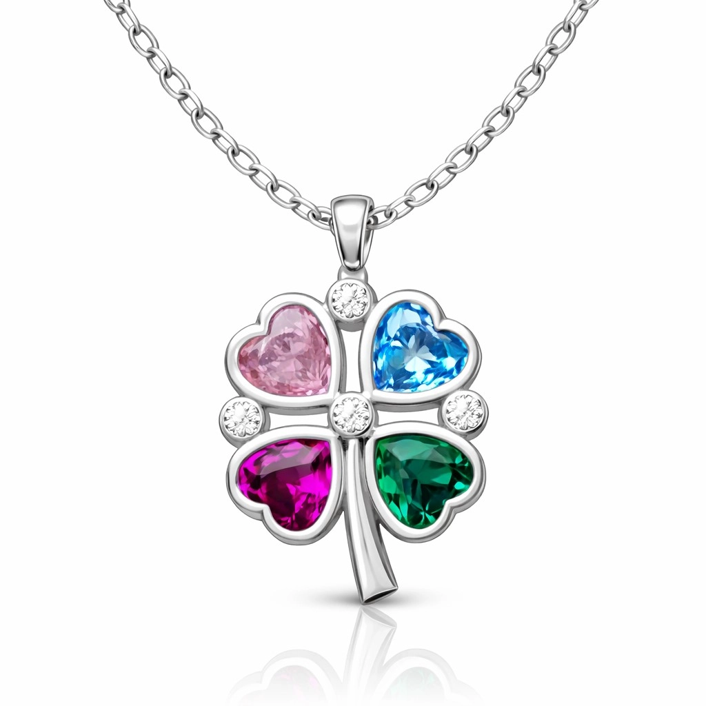 Silver Color Stone Heart Figured Clover Necklace