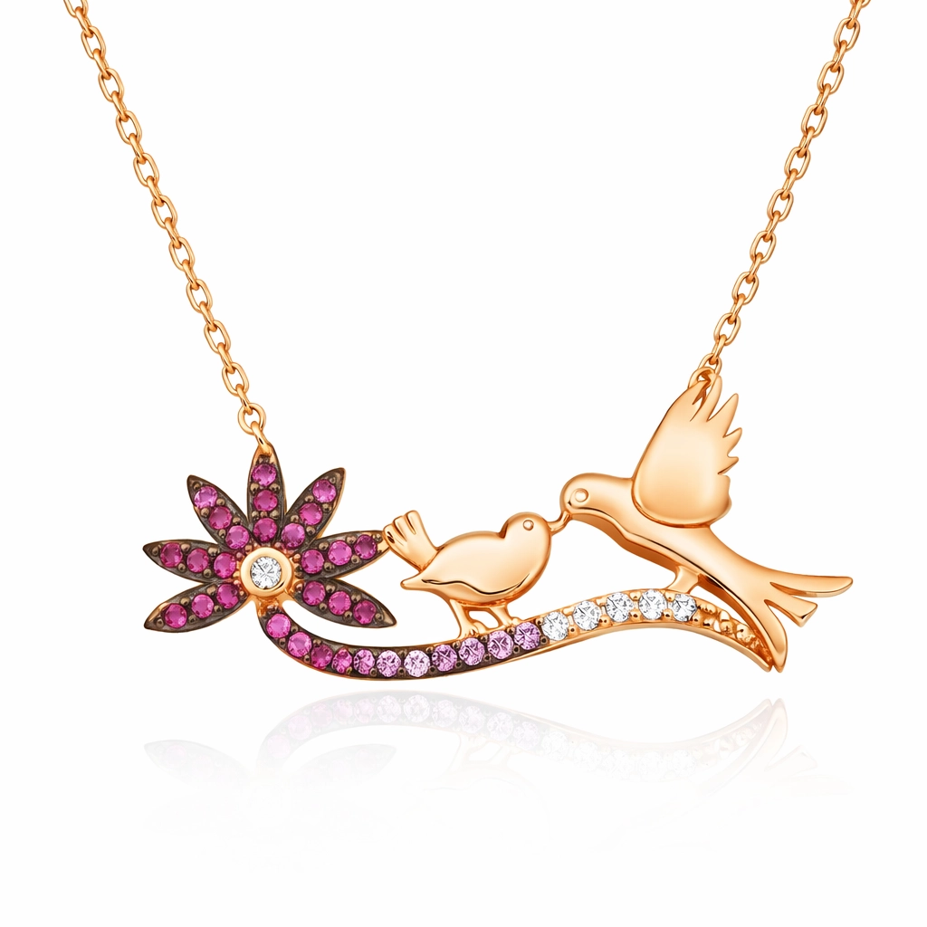 Silver Rose Mother and Baby Bird Necklace for Women