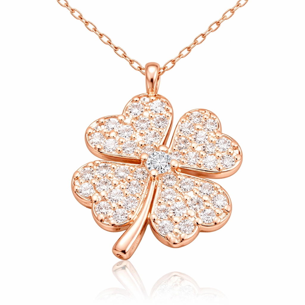 Silver Rose Four Leaf Clover Women's Necklace
