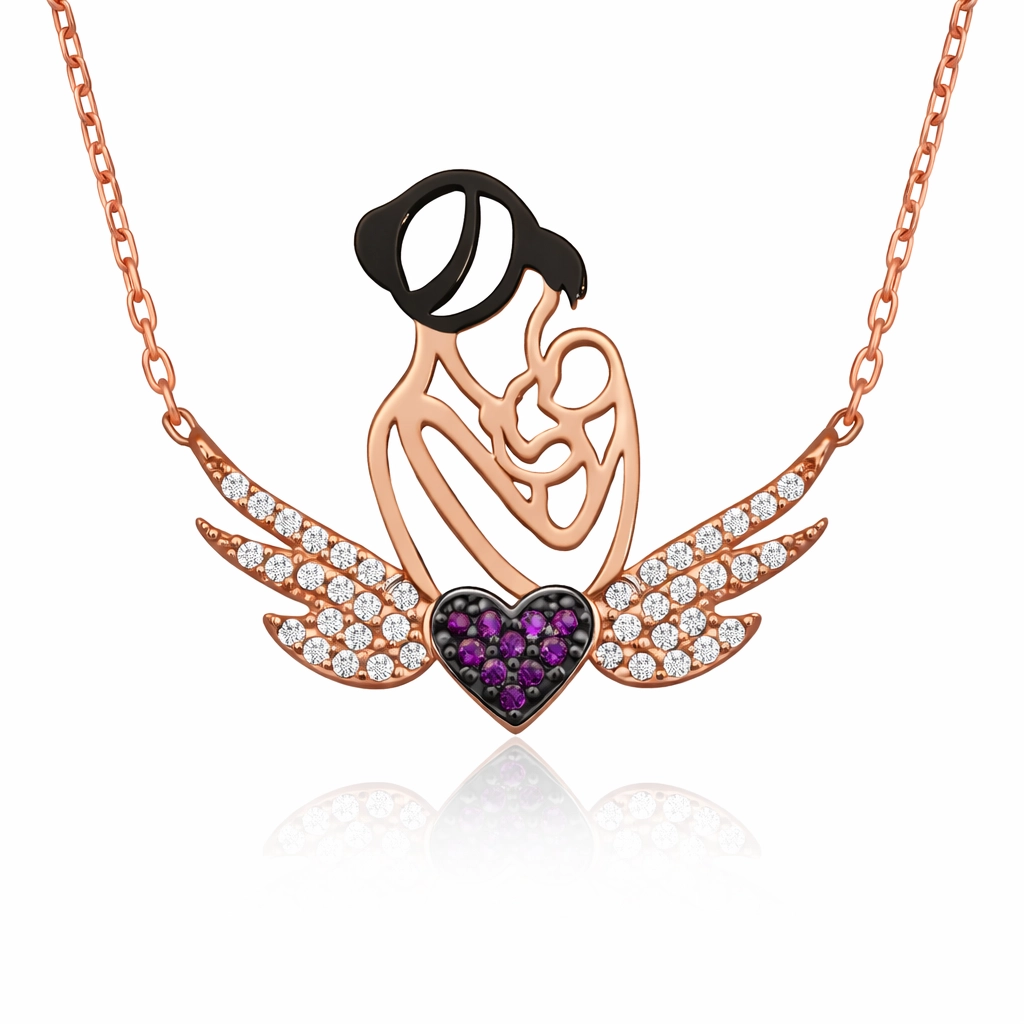 Silver Rose Heart Mother and Child Necklace