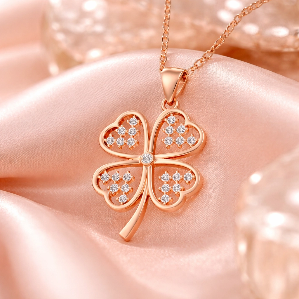 Silver Rose Heart Four Leaf Clover Women’s Necklace