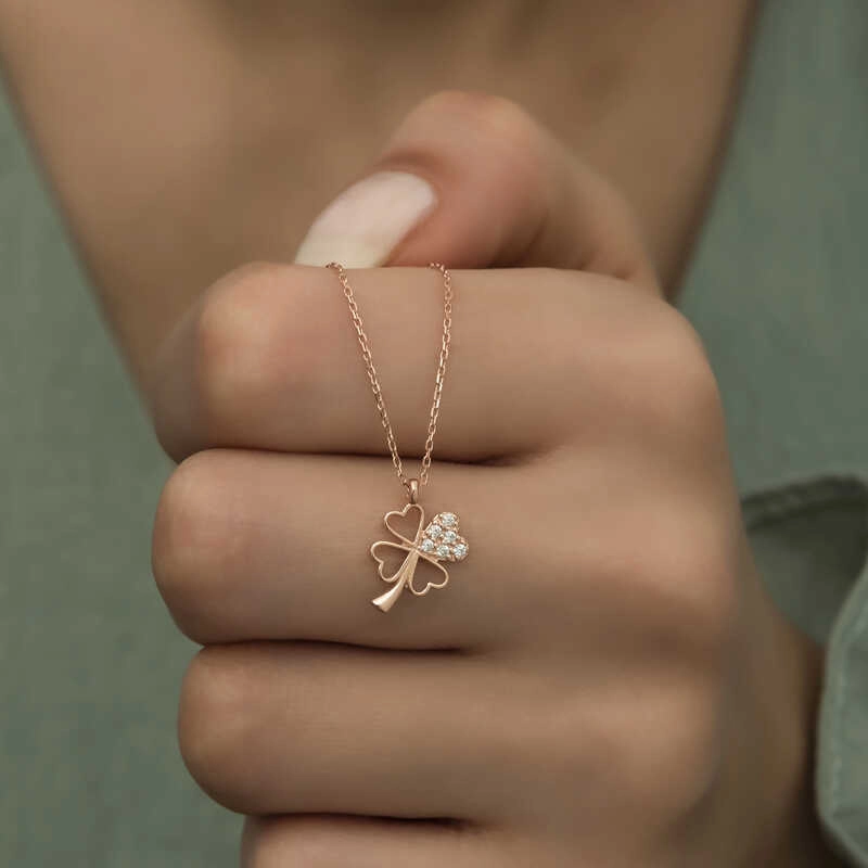 Silver Rose Heart Four Leaf Clover Women’s Necklace