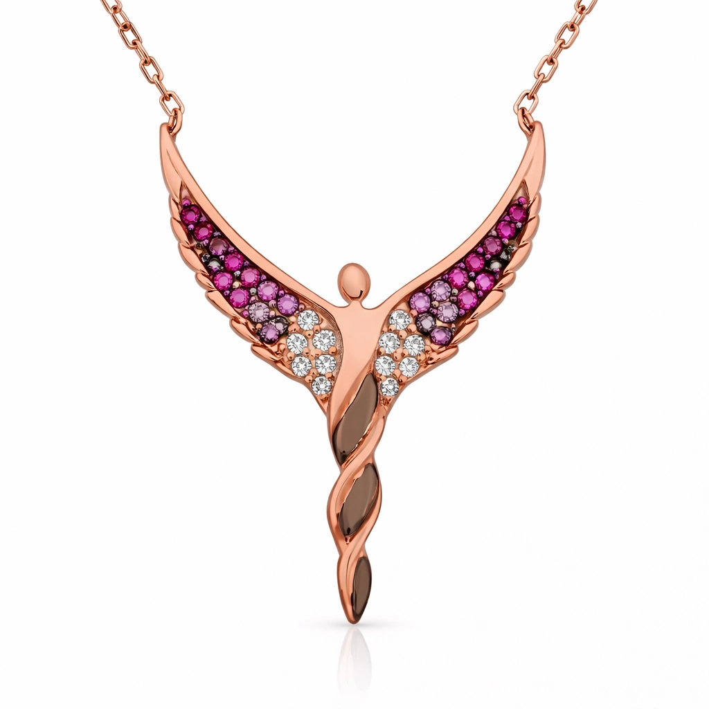 Silver Rose Winged Angel Women’s Necklace