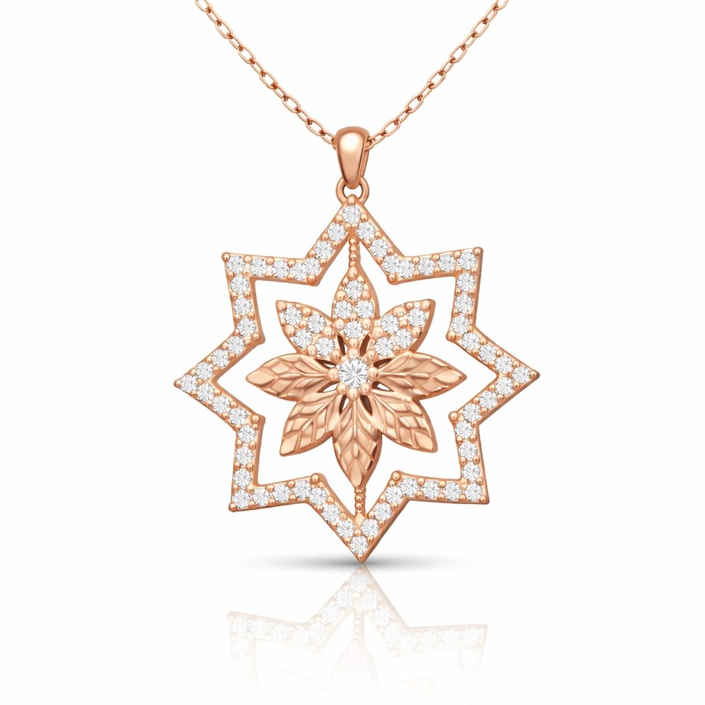 Silver Star Flower Motif Rose Women's Necklace