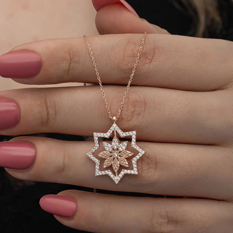 Silver Rose Plated Star & Floral Necklace