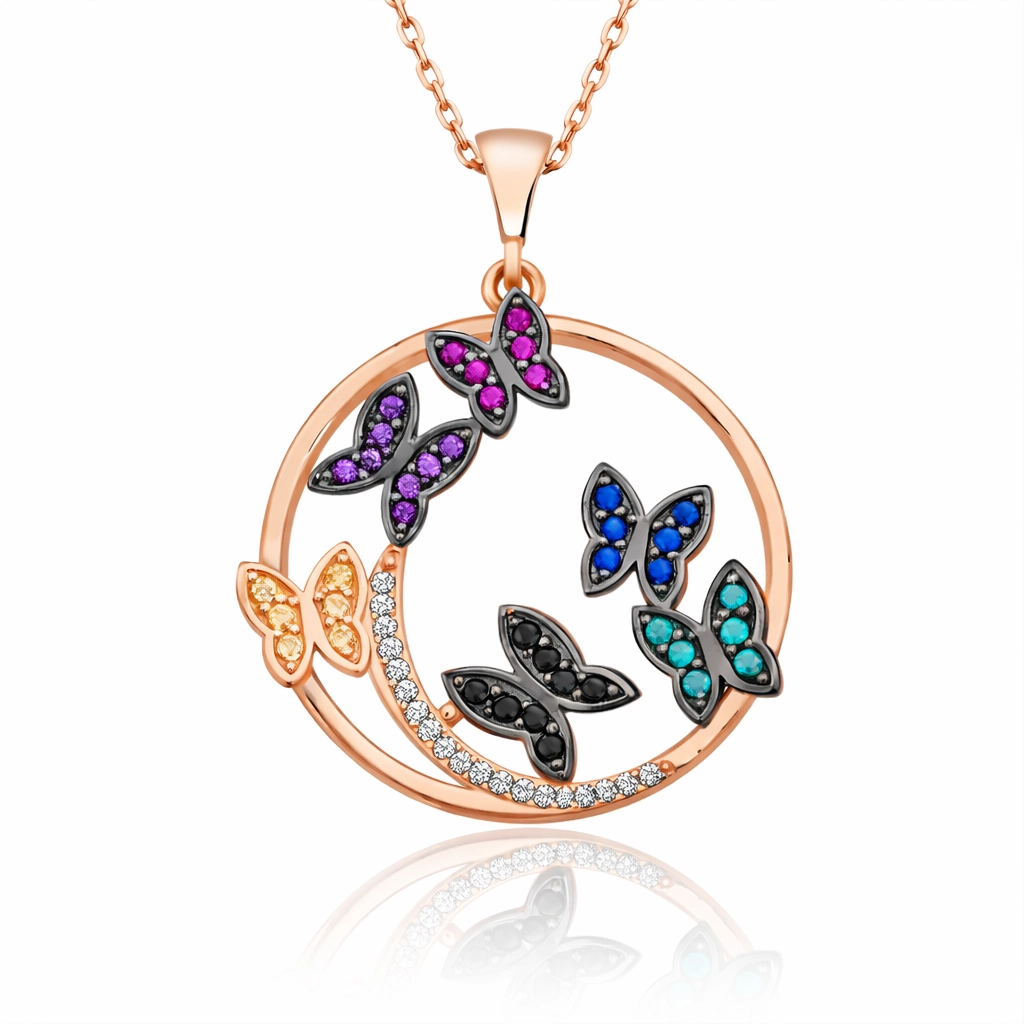 Silver Rose Butterfly Circle Women’s Necklace