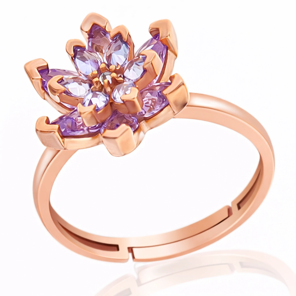 Silver Rose Lilac Stone Lotus Flower Women’s Ring