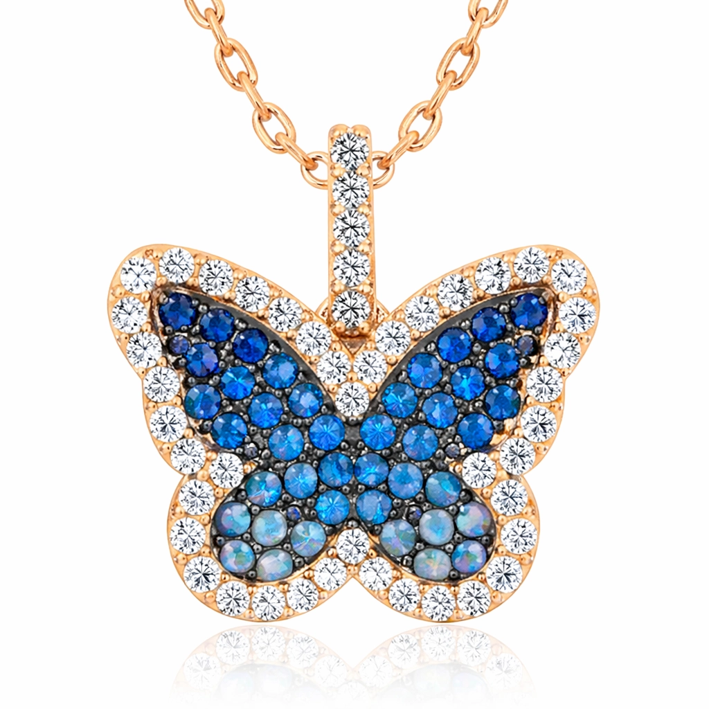 Silver Rose Blue Butterfly Women’s Necklace