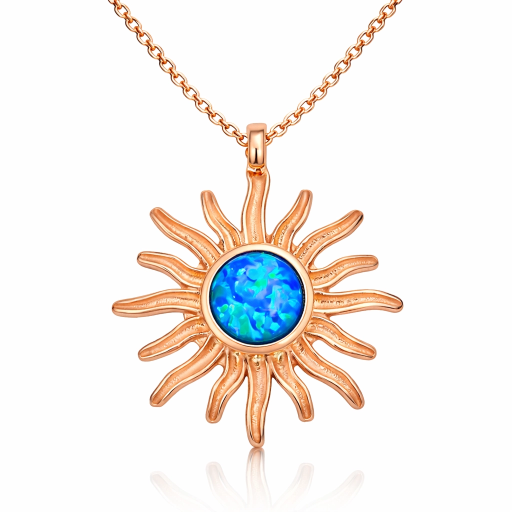 Silver Rose Blue Opal Stone Sun Women’s Necklace