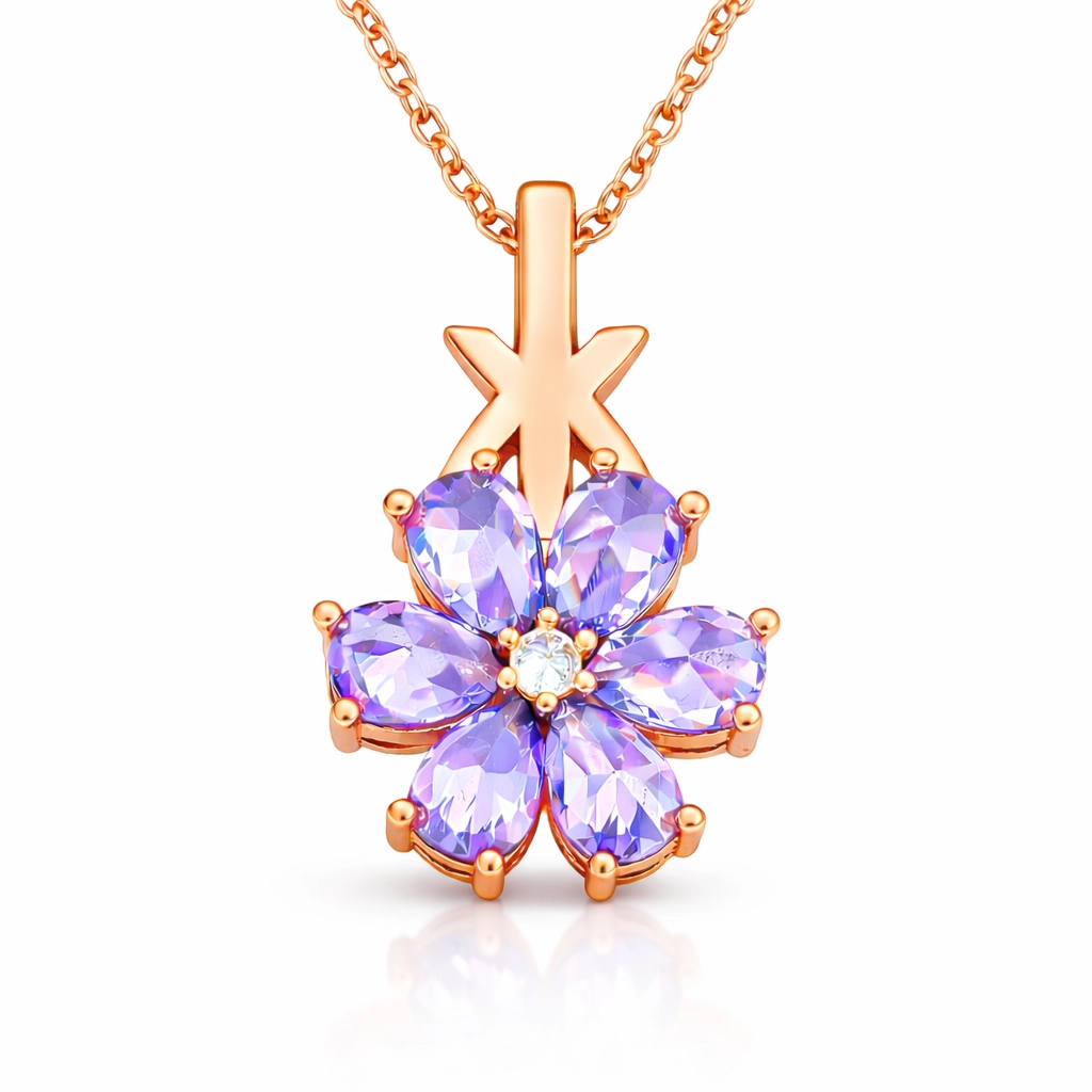 Silver Rose Purple Sevgi Flower Women's Necklace